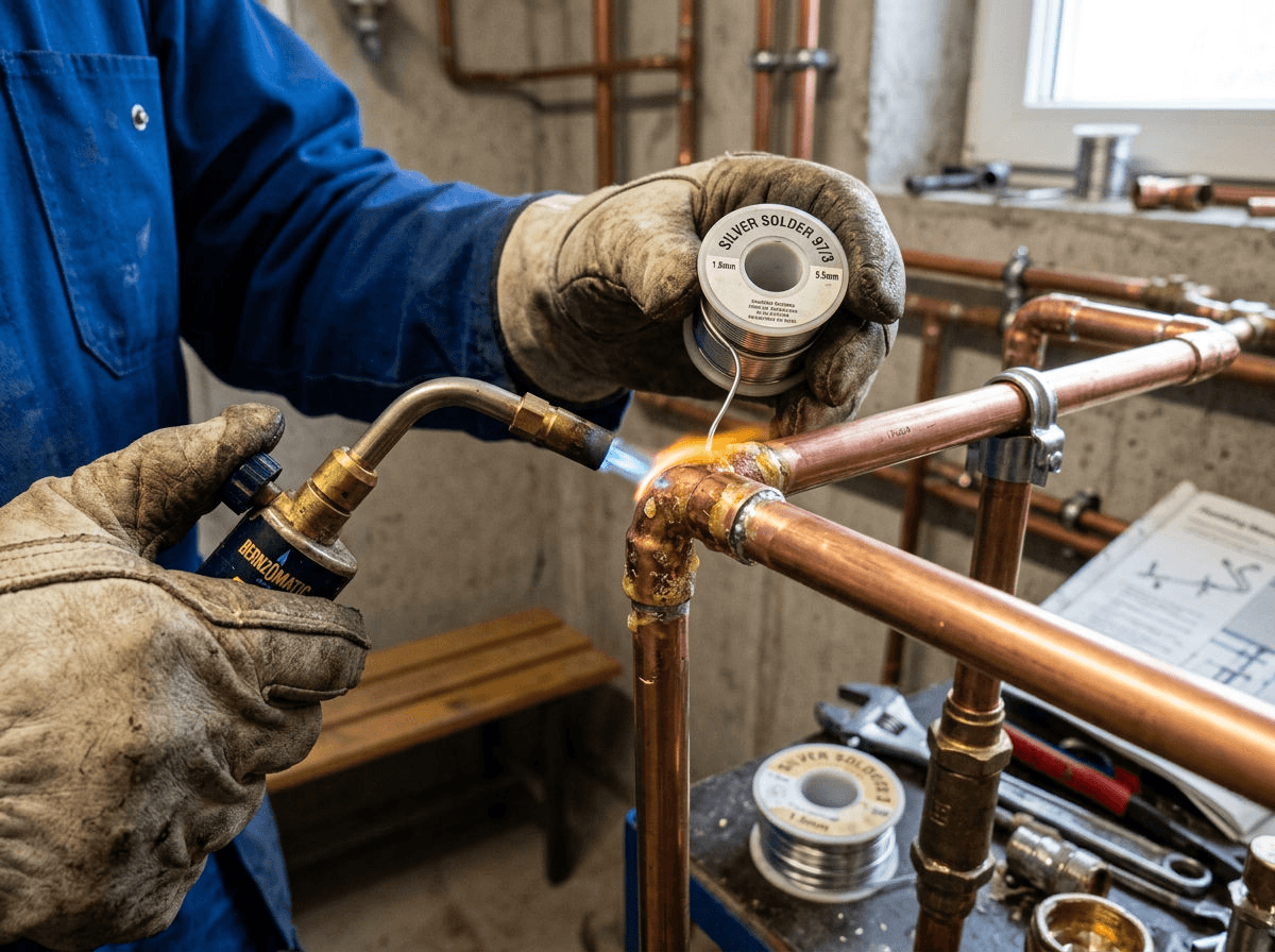 Close-up of precision plumbing pipework being fitted